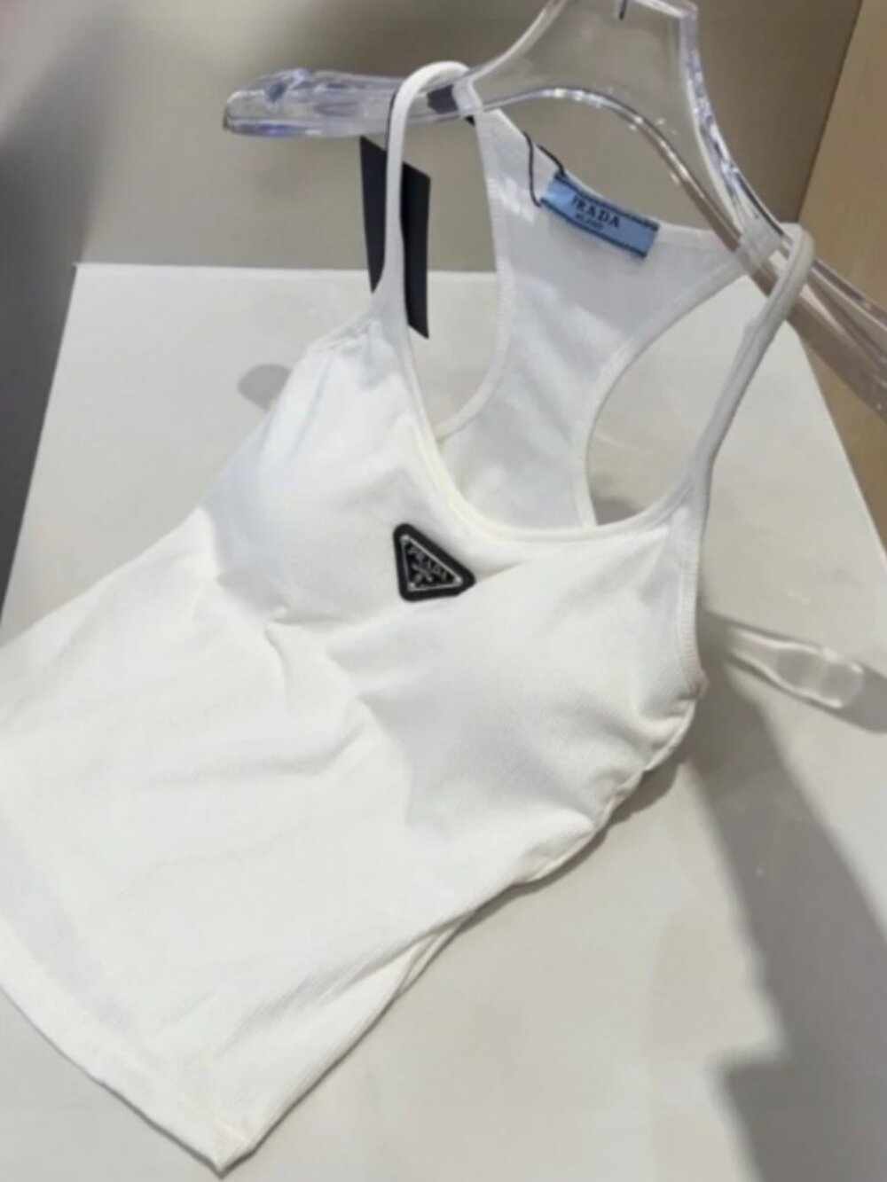 PRADA Slim Fit Stretch Rib Knit U-Neck Sleeveless Designer Layering Camisole